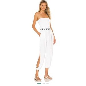 Revolve Bobi Draped Modal Jersey Strapless Harem Jumpsuit in White Size M